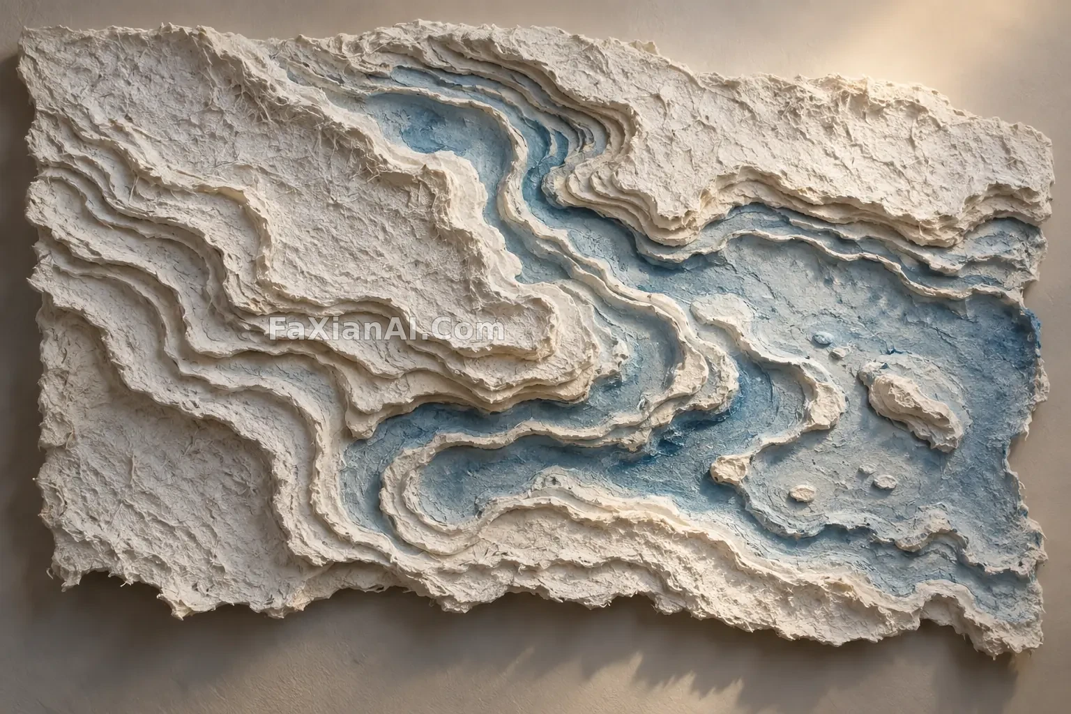 纸浆浮雕在侧光下显出潮汐纹理