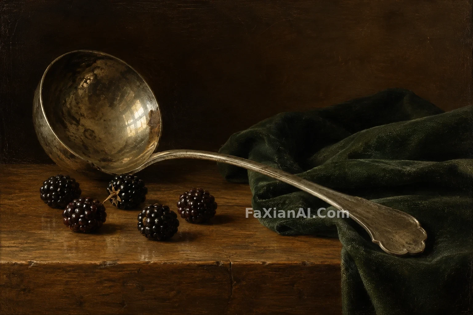 Silver Ladle and Blackberries in Shadow