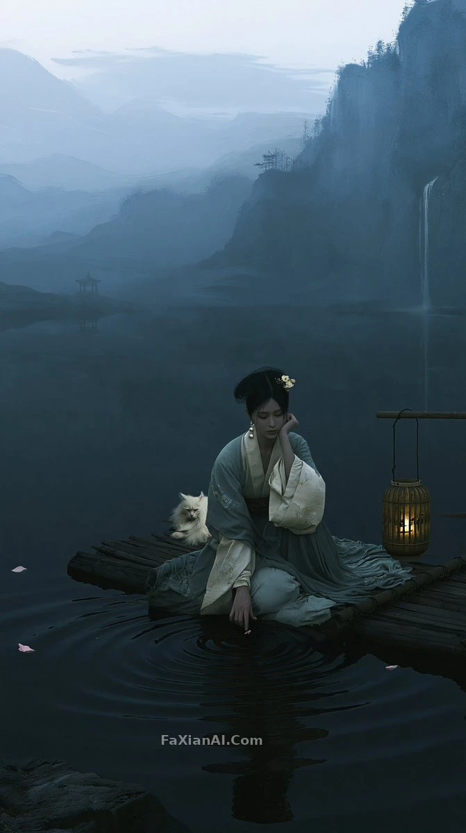 雾湖竹筏上托腮的忧郁女子