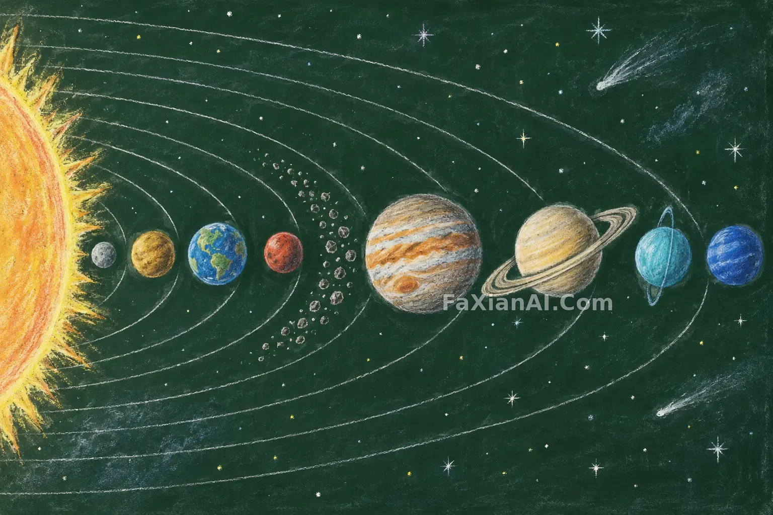 黑板粉笔太阳系示意画 · GPT Image 2.5 成图