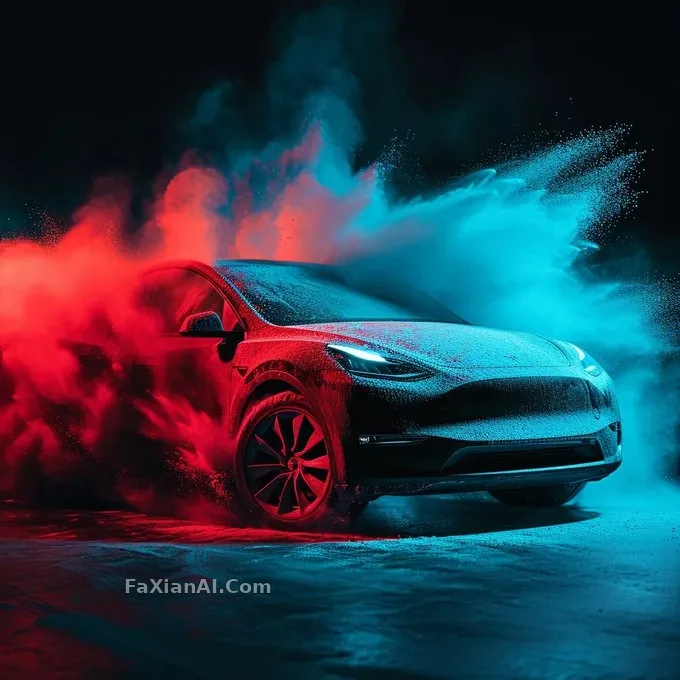 파우더 폭발이 그려낸 Model Y 실루엣