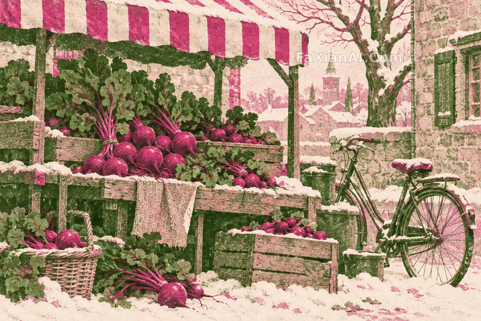 雪の野菜屋台のマゼンタのビート