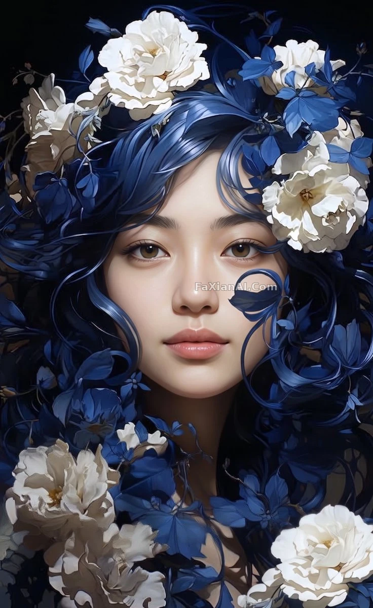 蓝发女人的脸，被白牡丹缠住了