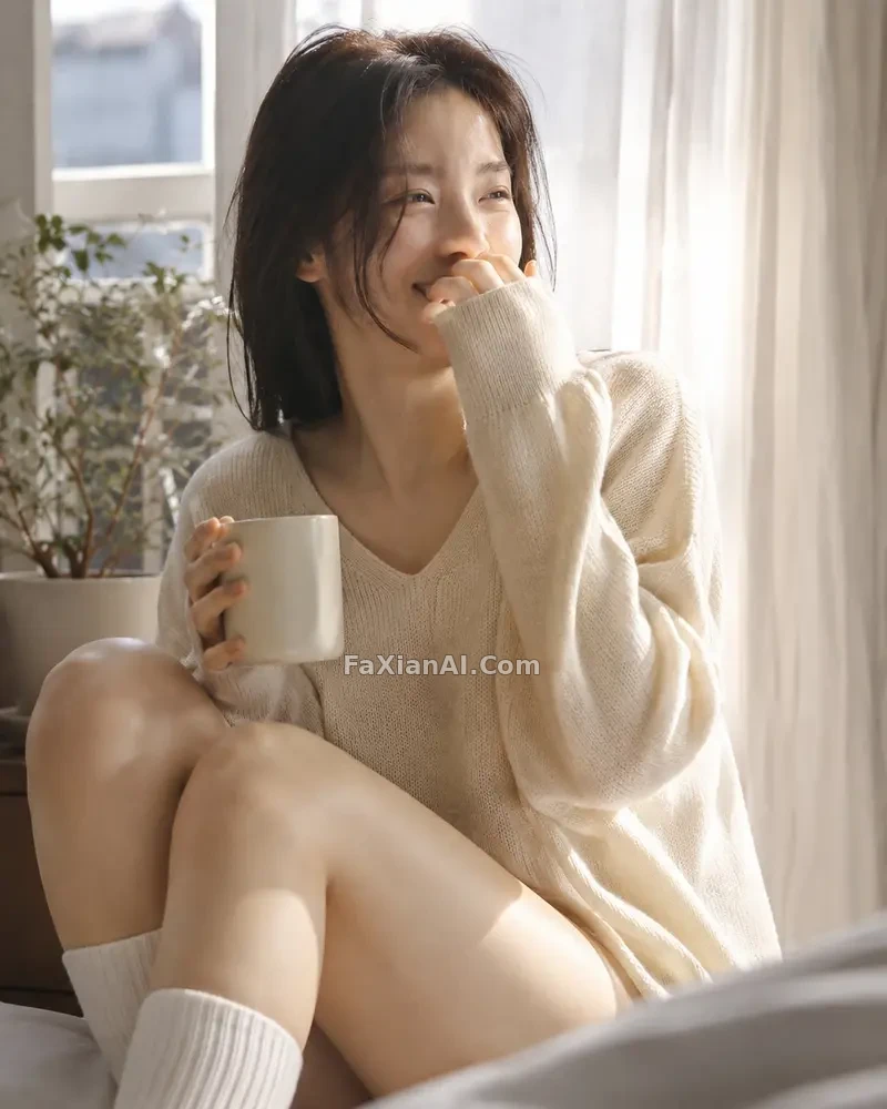 창가에 웅크려, 소매 끝이 입가를 반쯤 가리다