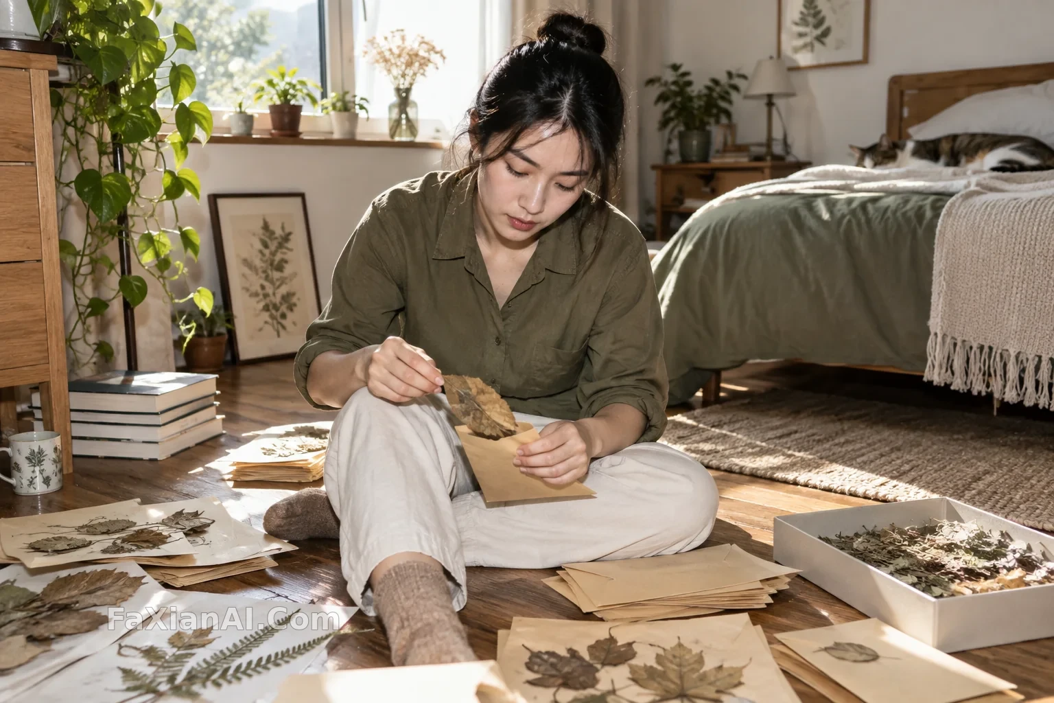 卧室地板上的植物标本师