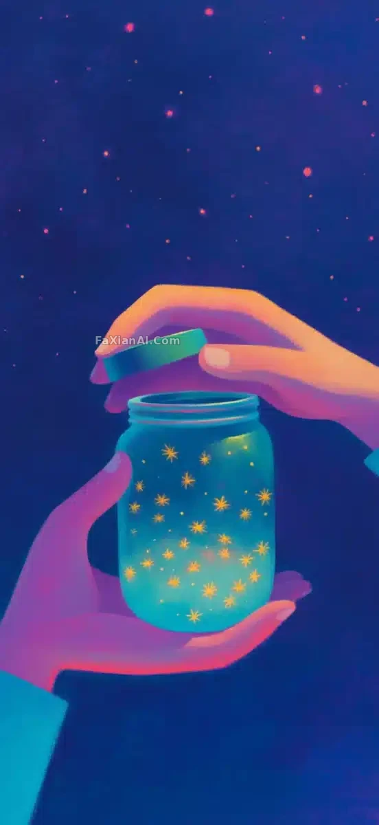 雾夜里,两只手捧着萤火虫罐子