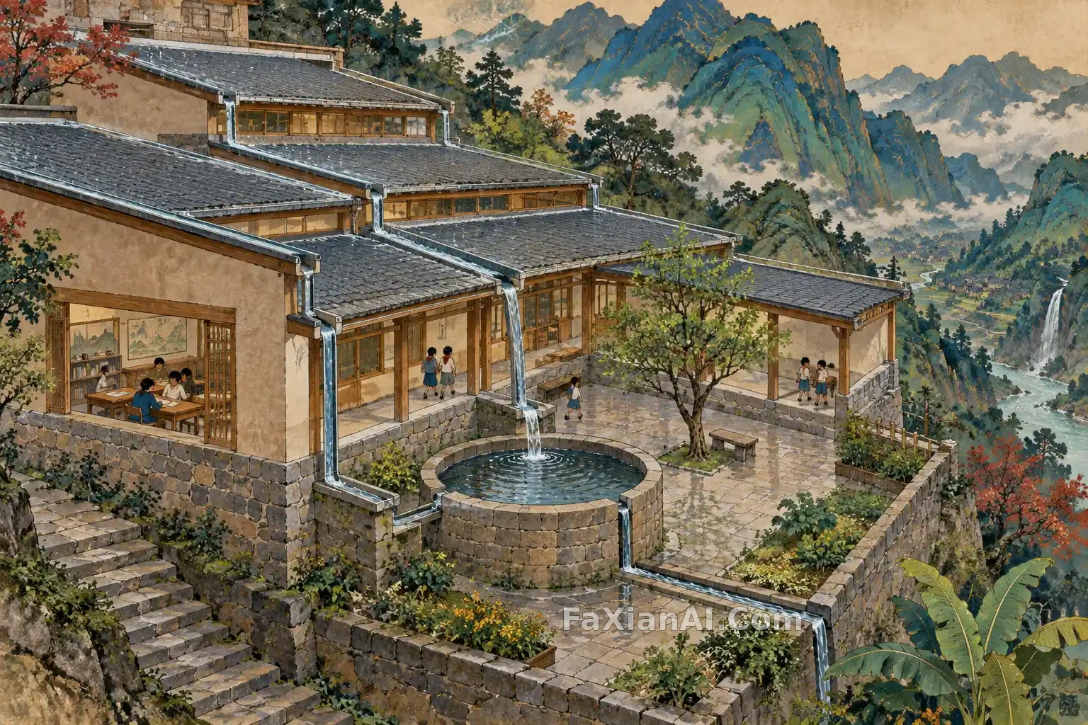 会收集雨声的山地学校 · GPT Image 2.5 成图