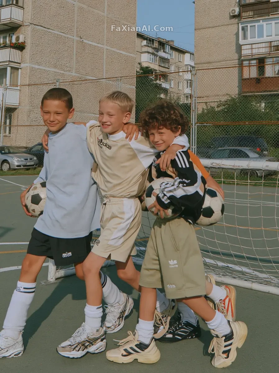 Three Young Footballers Arm in Arm by the Pitch