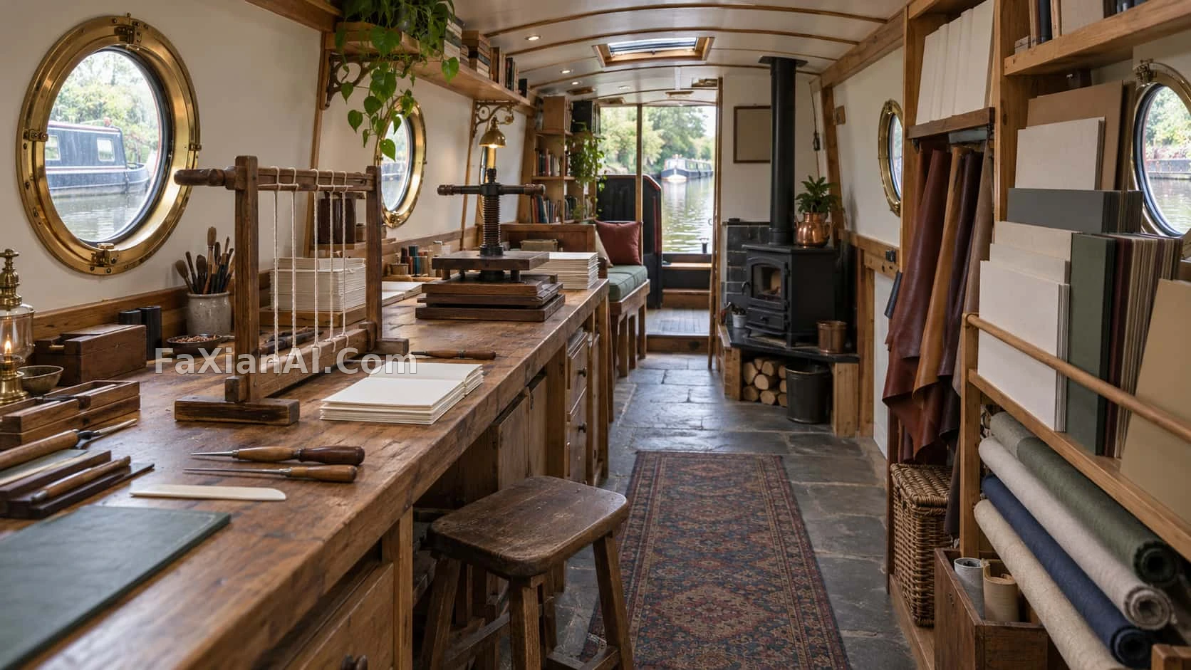 A Handmade Bookbinding Studio in a Canal Boat Cabin