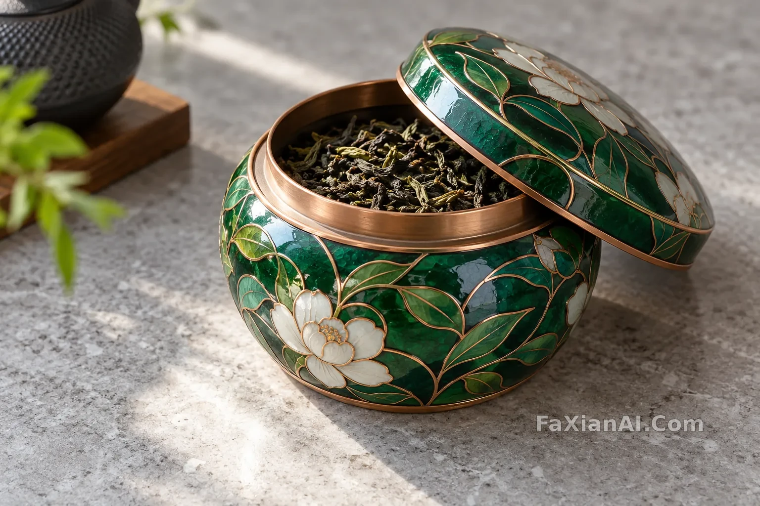 景泰蓝纹茶罐的目录静物 · GPT Image 2.5 成图