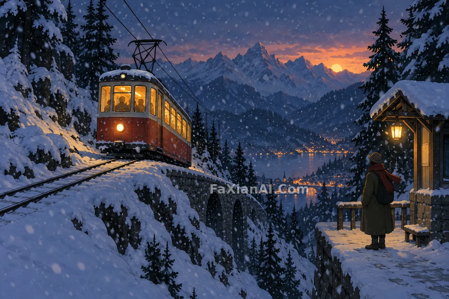 雪夜山地电车动画海报 · GPT Image 2.5 成图