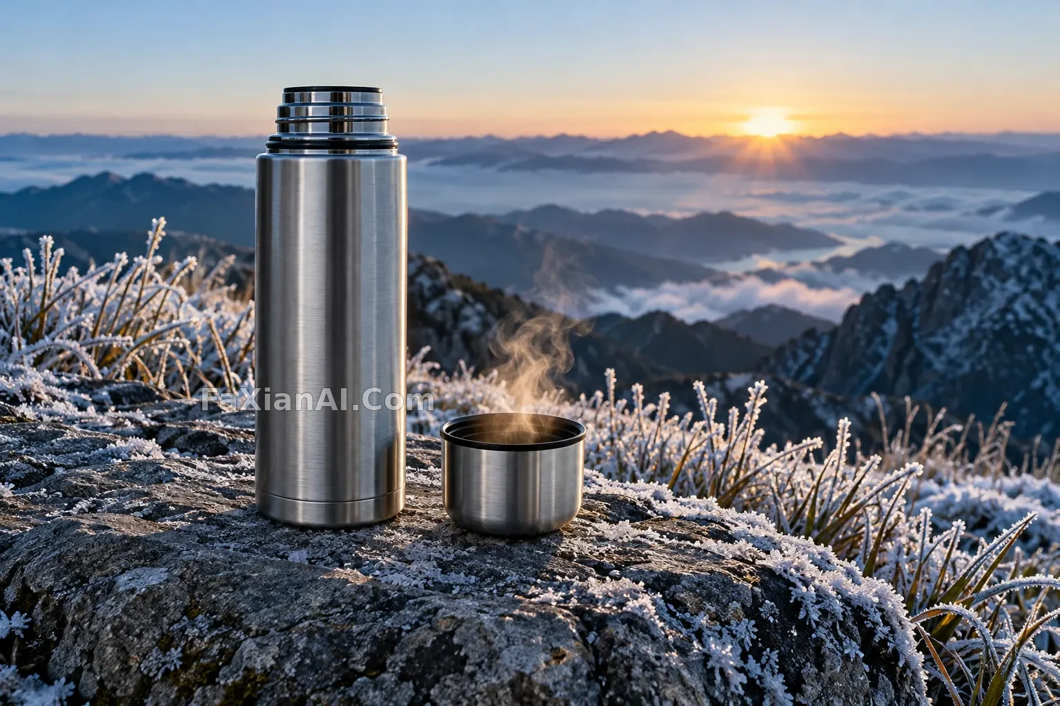 山顶保温杯的冷热对比