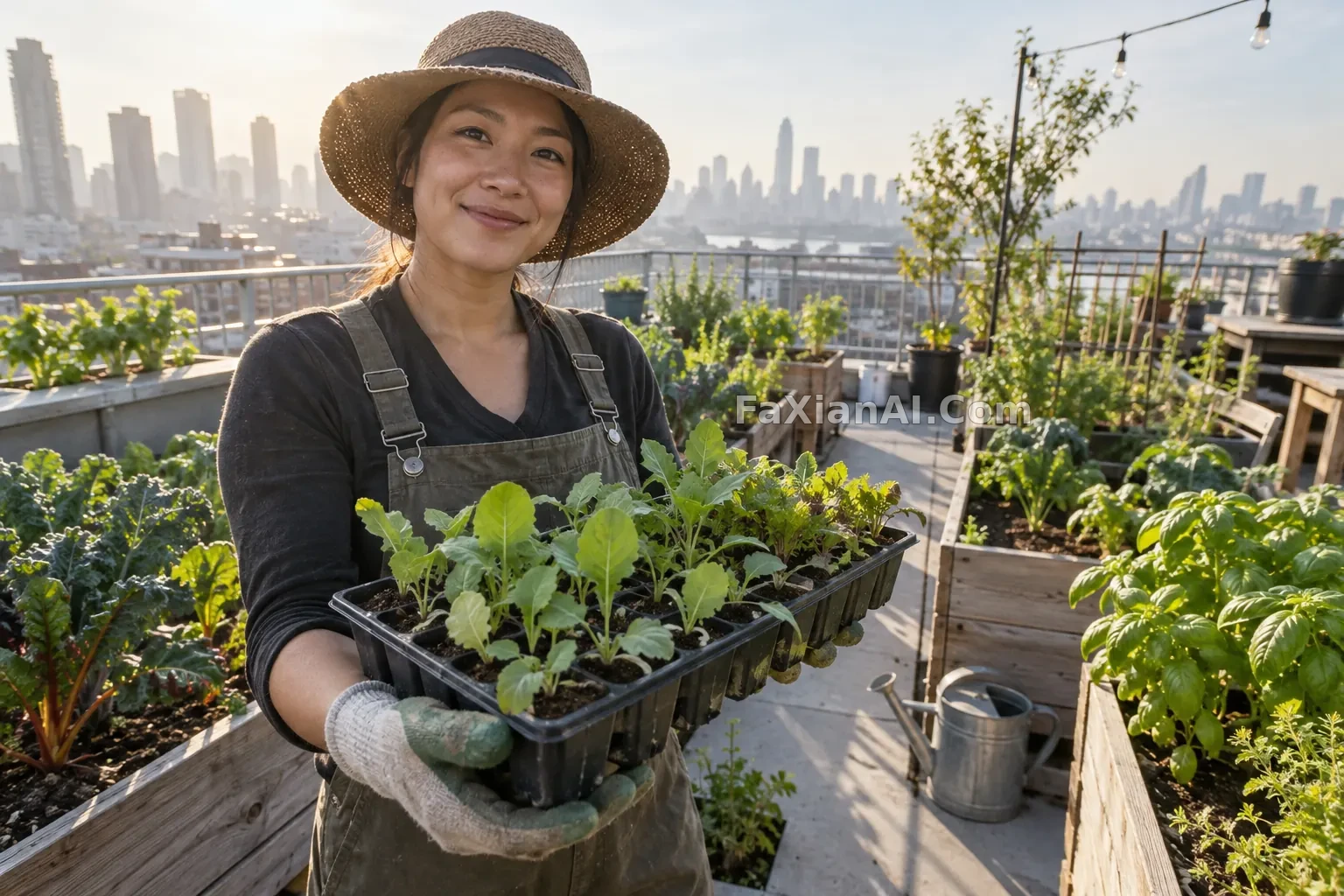 屋顶菜园里的种植者