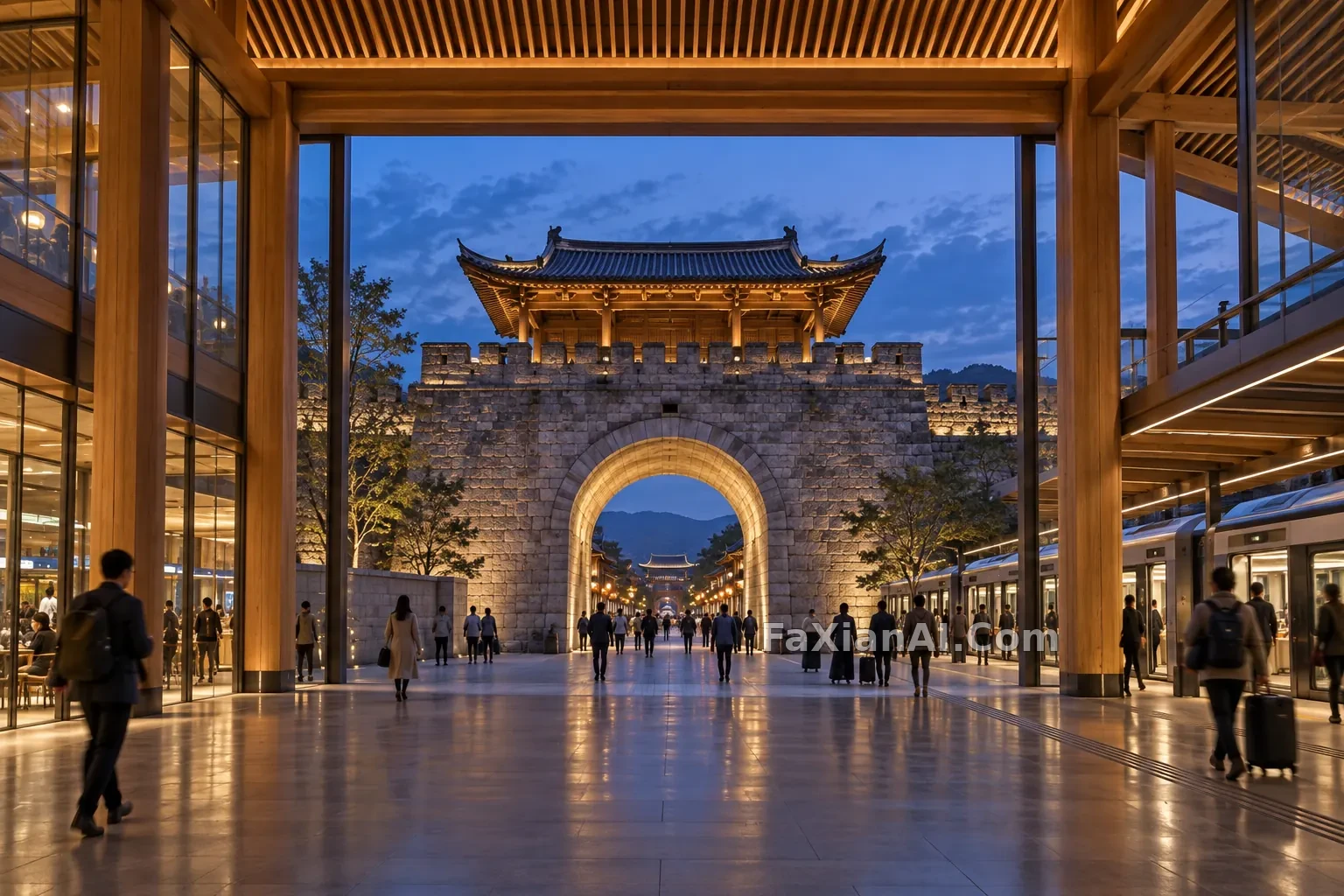 古城门与现代换乘厅相接 · GPT Image 2.5 成图