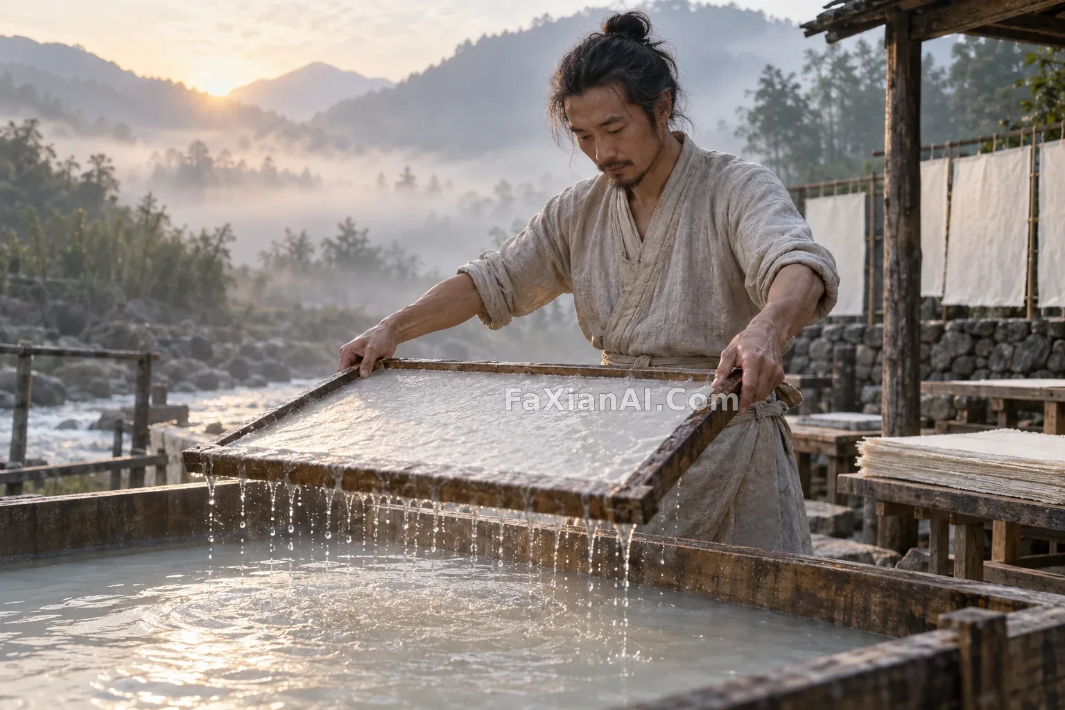 晨雾里晒纸的成年匠人 · GPT Image 2.5 成图
