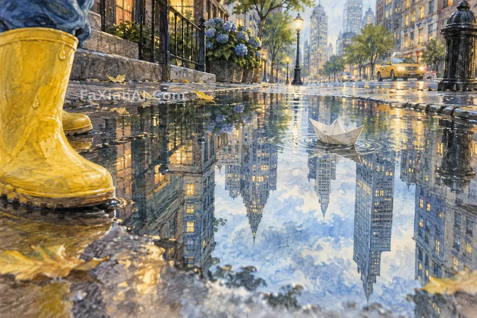 一只黄雨靴看见水里的倒立城市