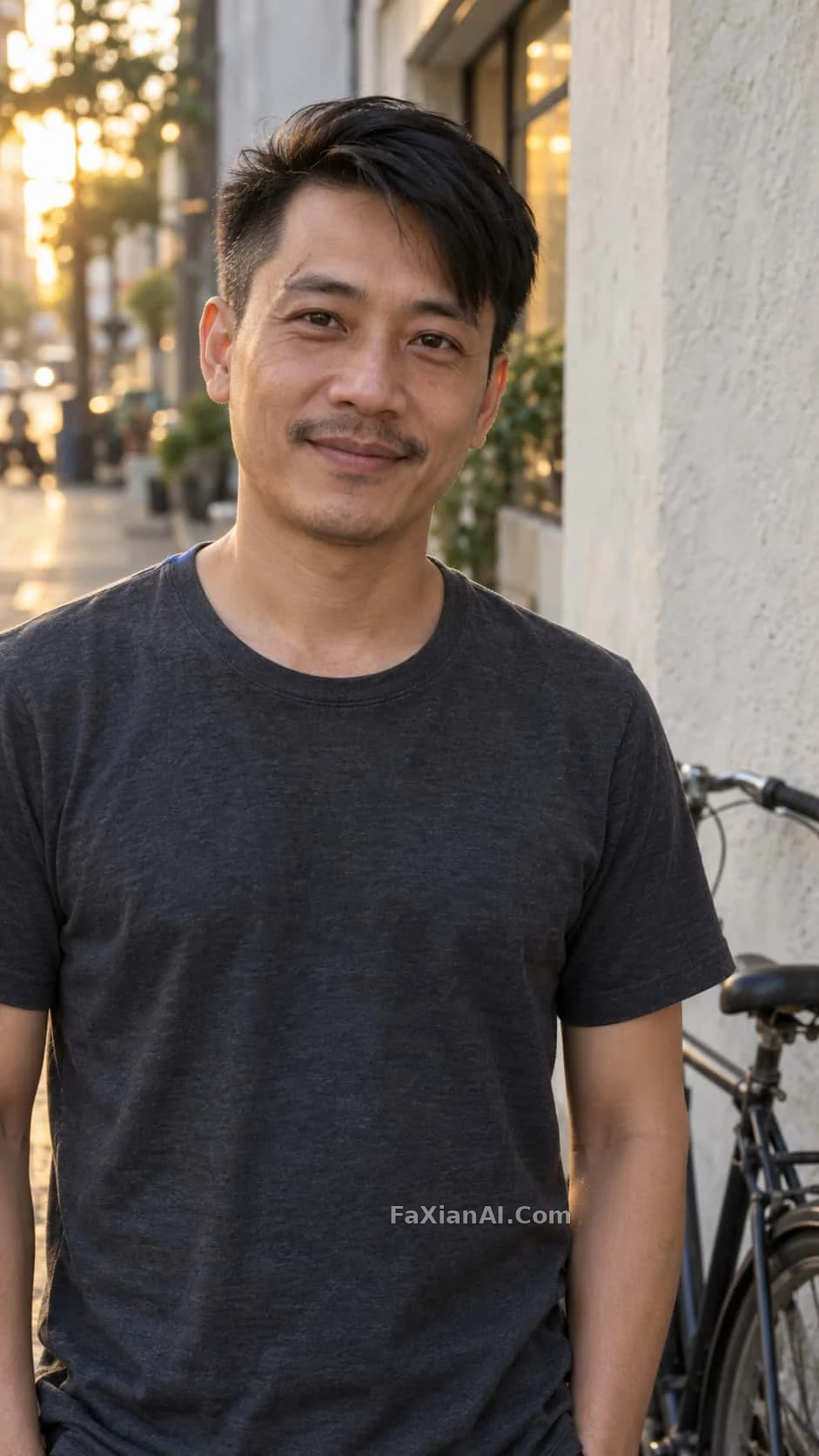 夕暮れの壁際、自転車を押す男の力の抜けた笑顔