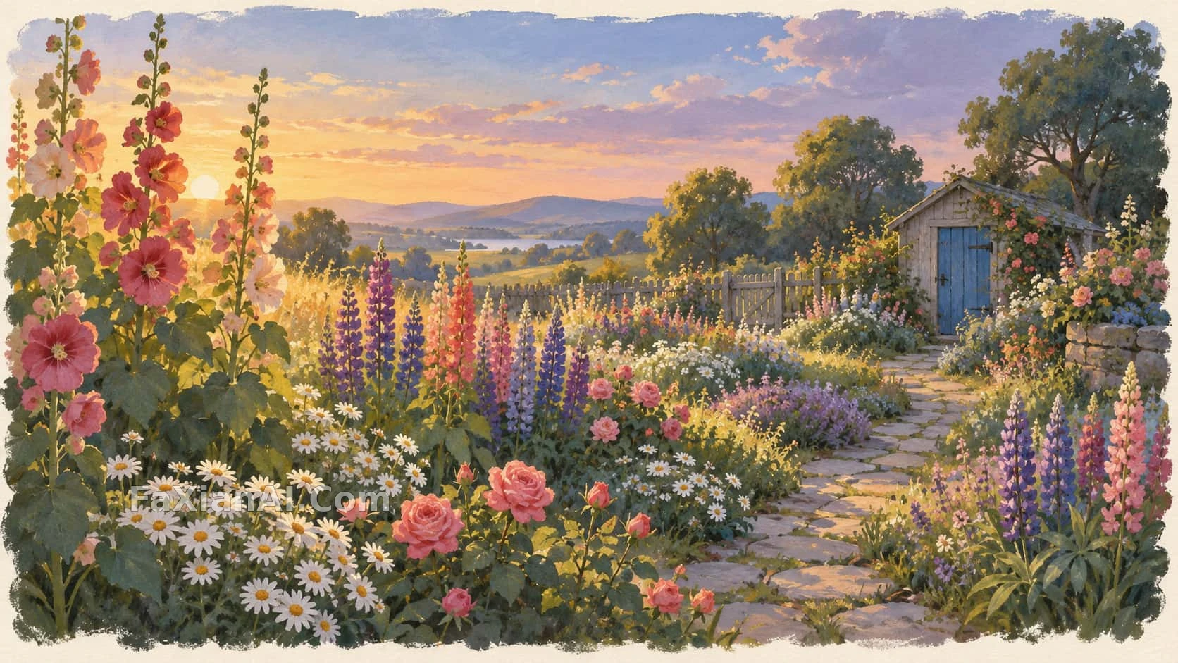 石の小径の先、青い扉の小屋と夕暮れの花園