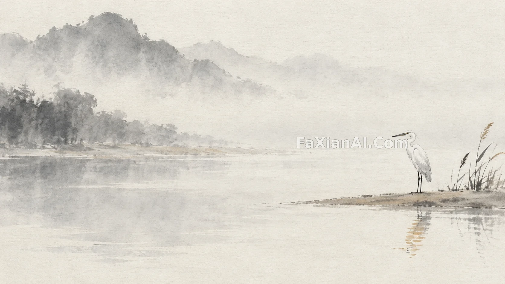 沙洲白鹭的水墨留白 · GPT Image 2.5 成图