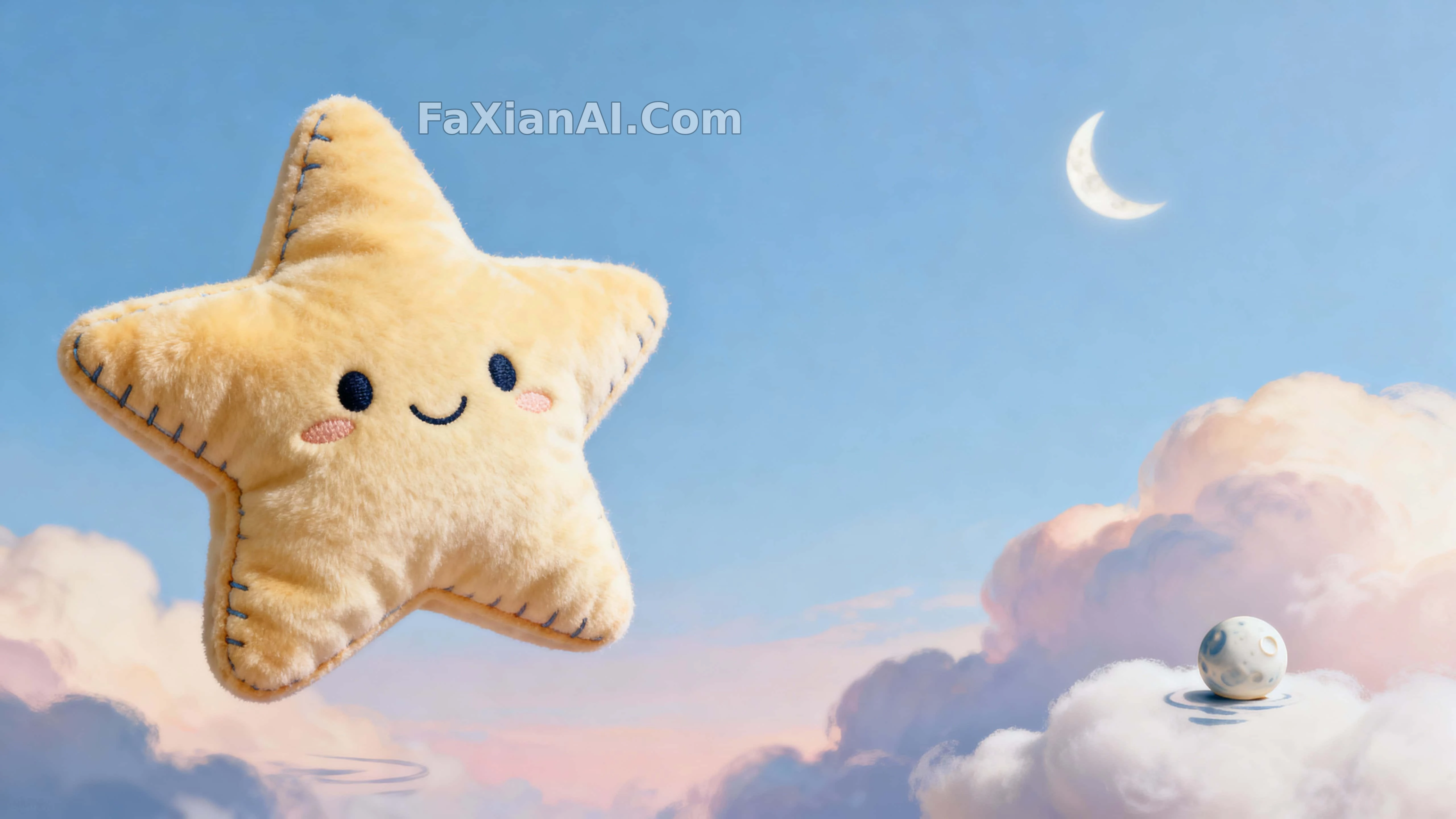 毛绒星星飘在粉彩天空，笑得很软 · GPT Image 1 成图