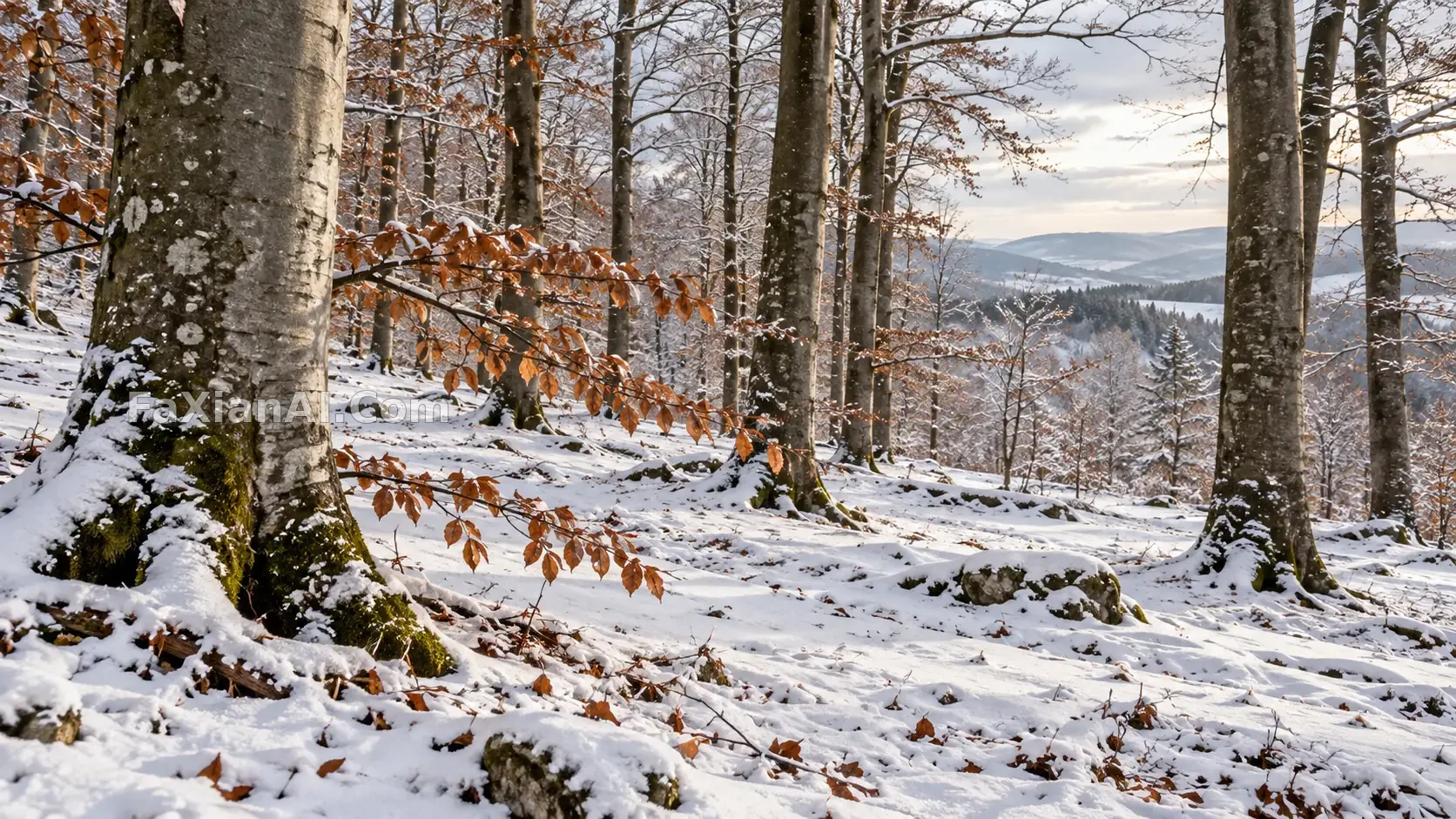 薄雪把山毛榉林分成两层 · GPT Image 2.5 成图