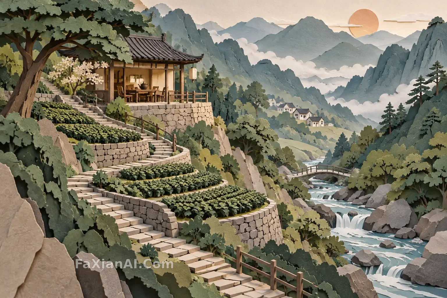 层叠纸雕茶馆与山路
