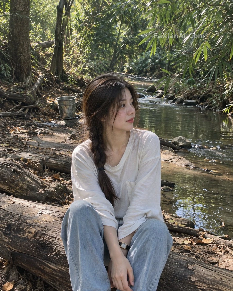 Seated on a Fallen Log, Stream Running Behind