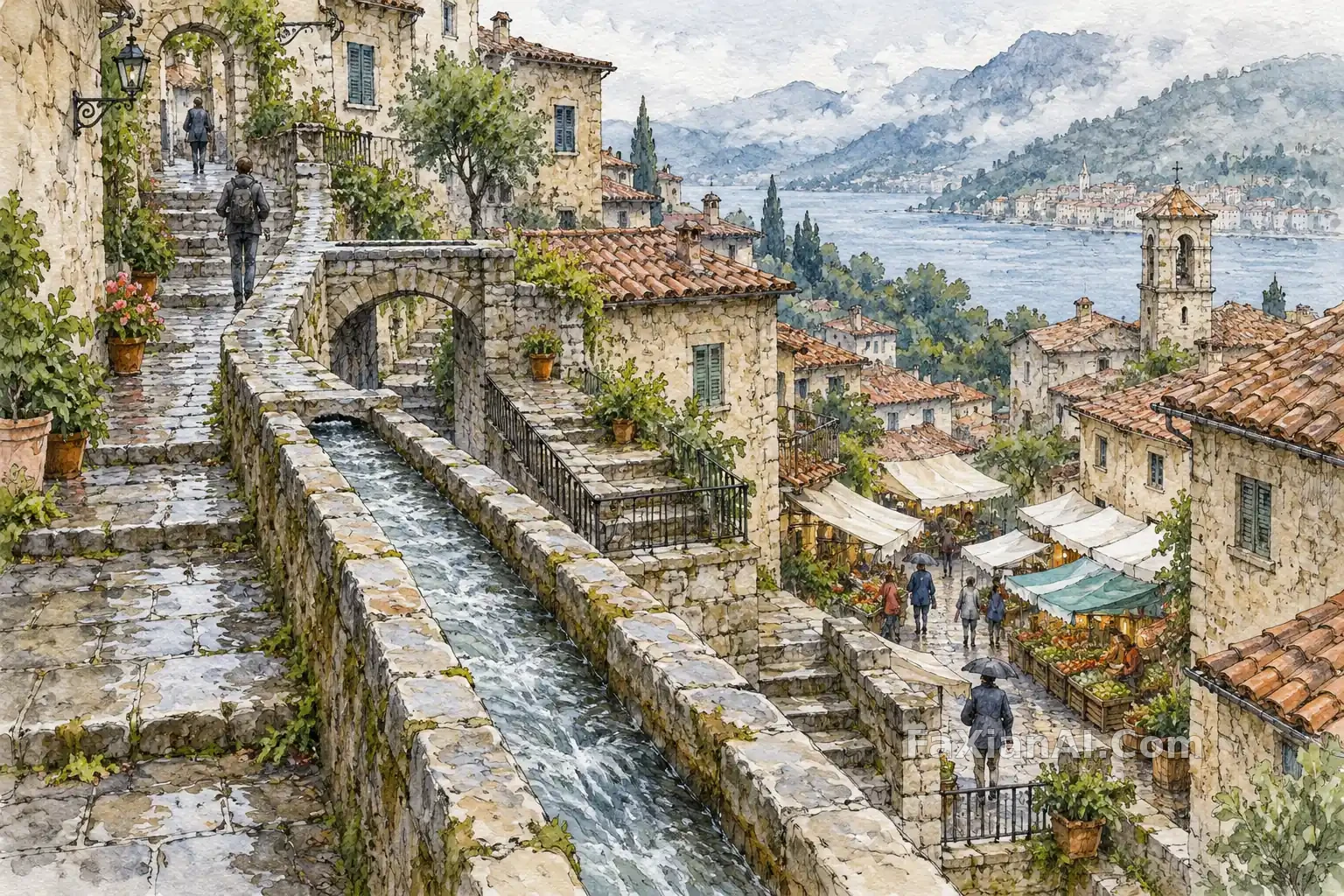 山城屋顶间的水渠 · GPT Image 2.5 成图