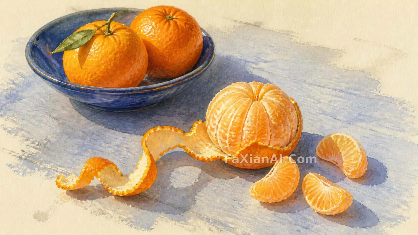橘子剥开摊在蓝桌上，皮还连着一截 · GPT Image 2 成图