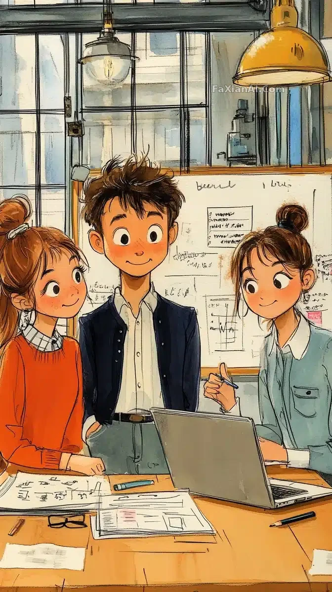 木桌前三个年轻人的创业现场 · Midjourney 成图
