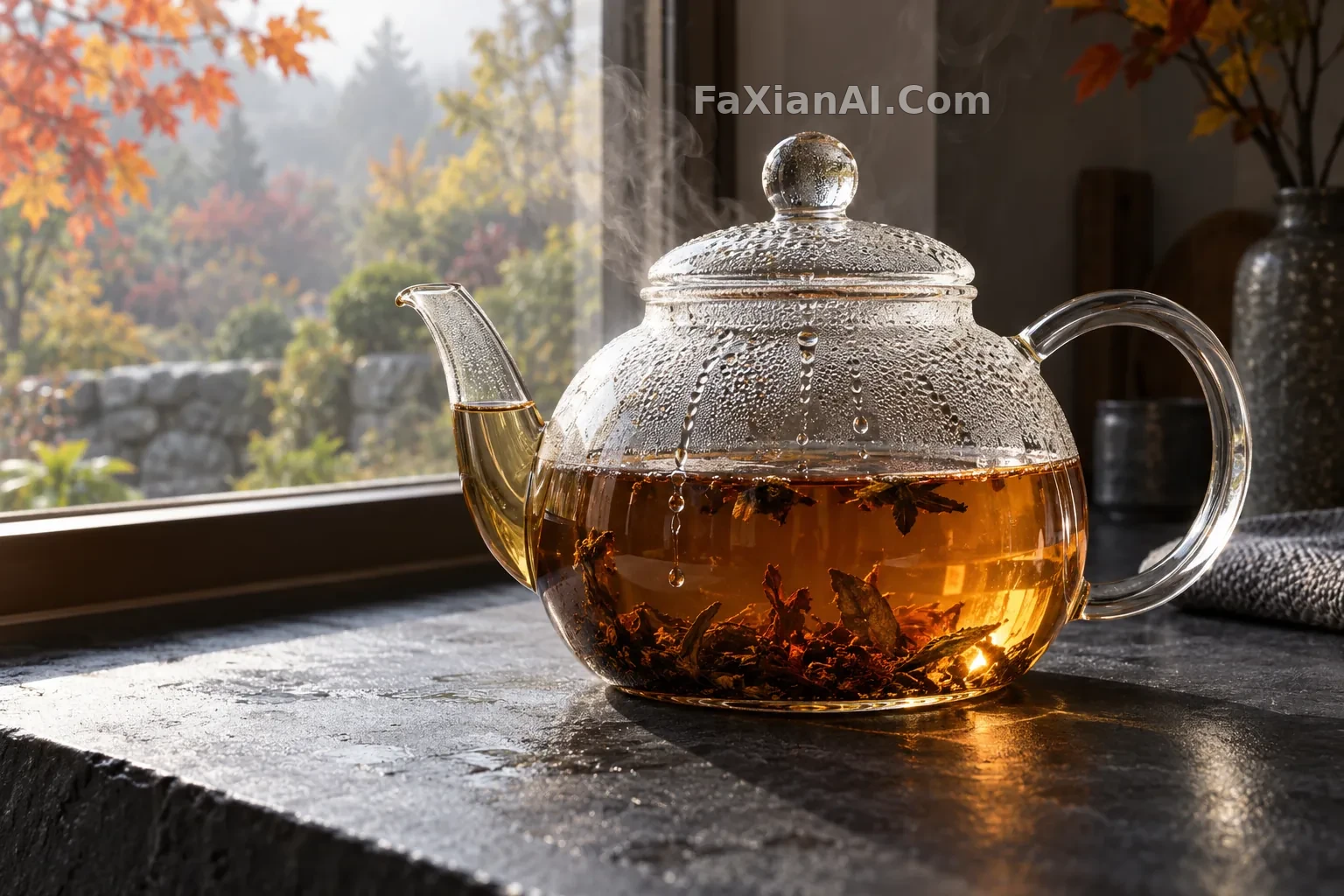 玻璃茶壶上的蒸汽与凝水