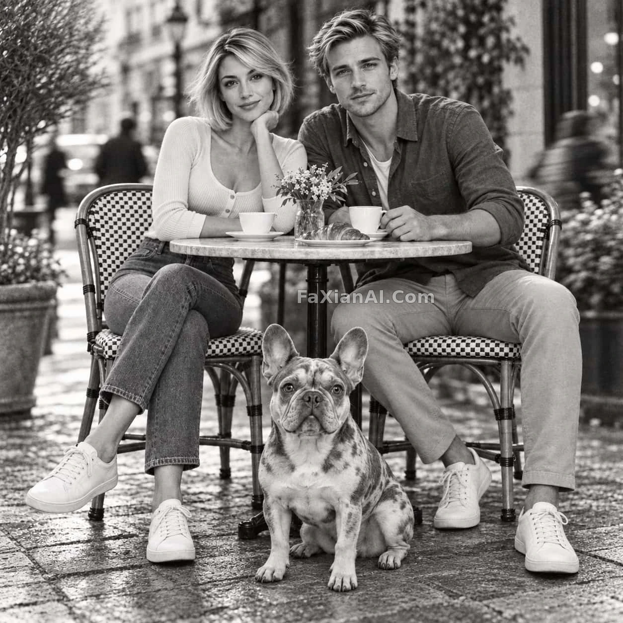 A French Bulldog at the Cafe Table, the Street All Smeared