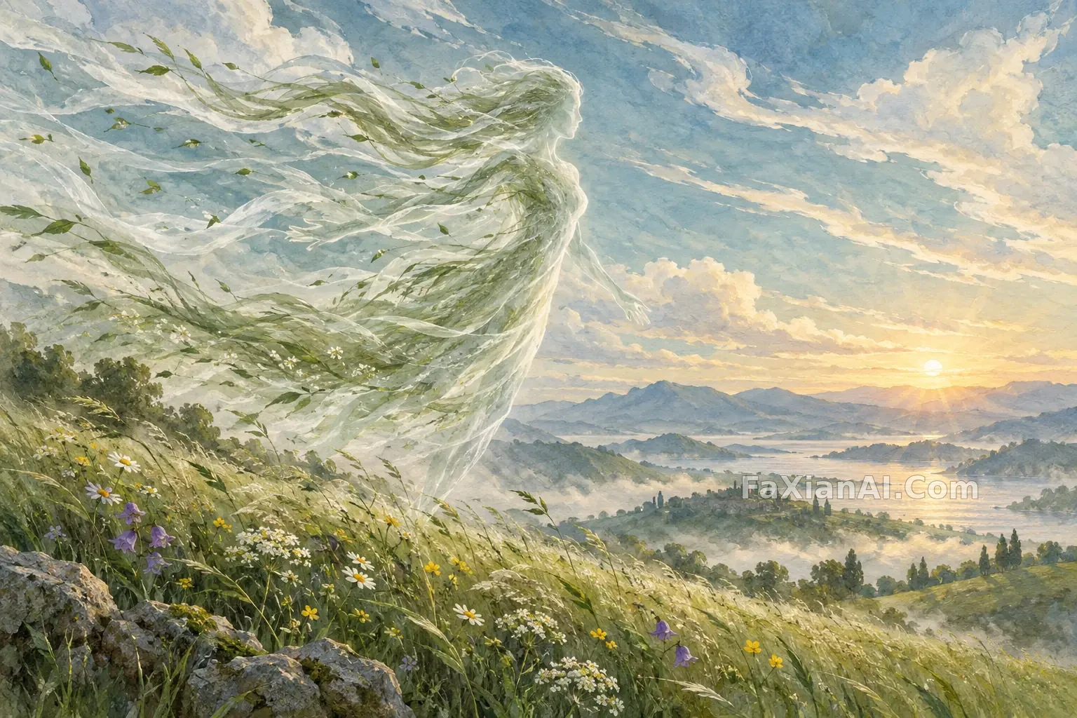 草坡上可见风的精灵