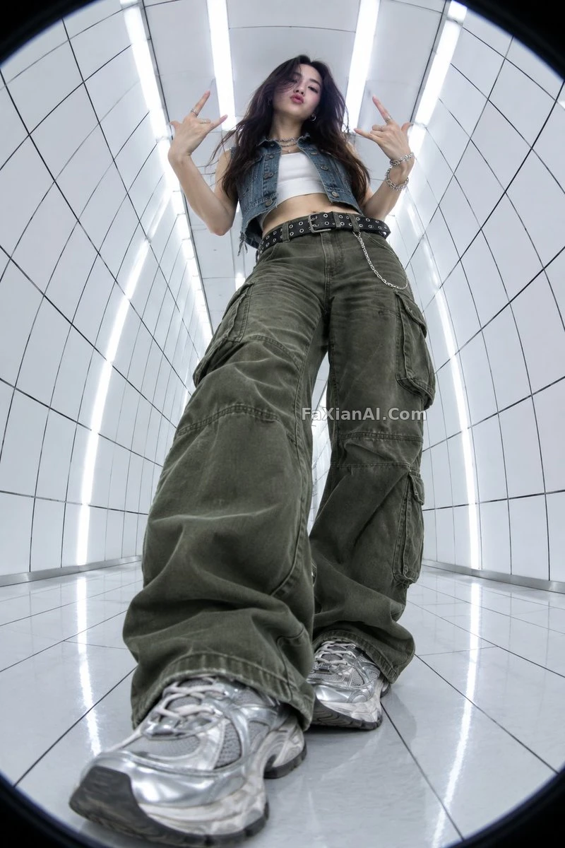 鱼眼隧道里比摇滚手势的女孩