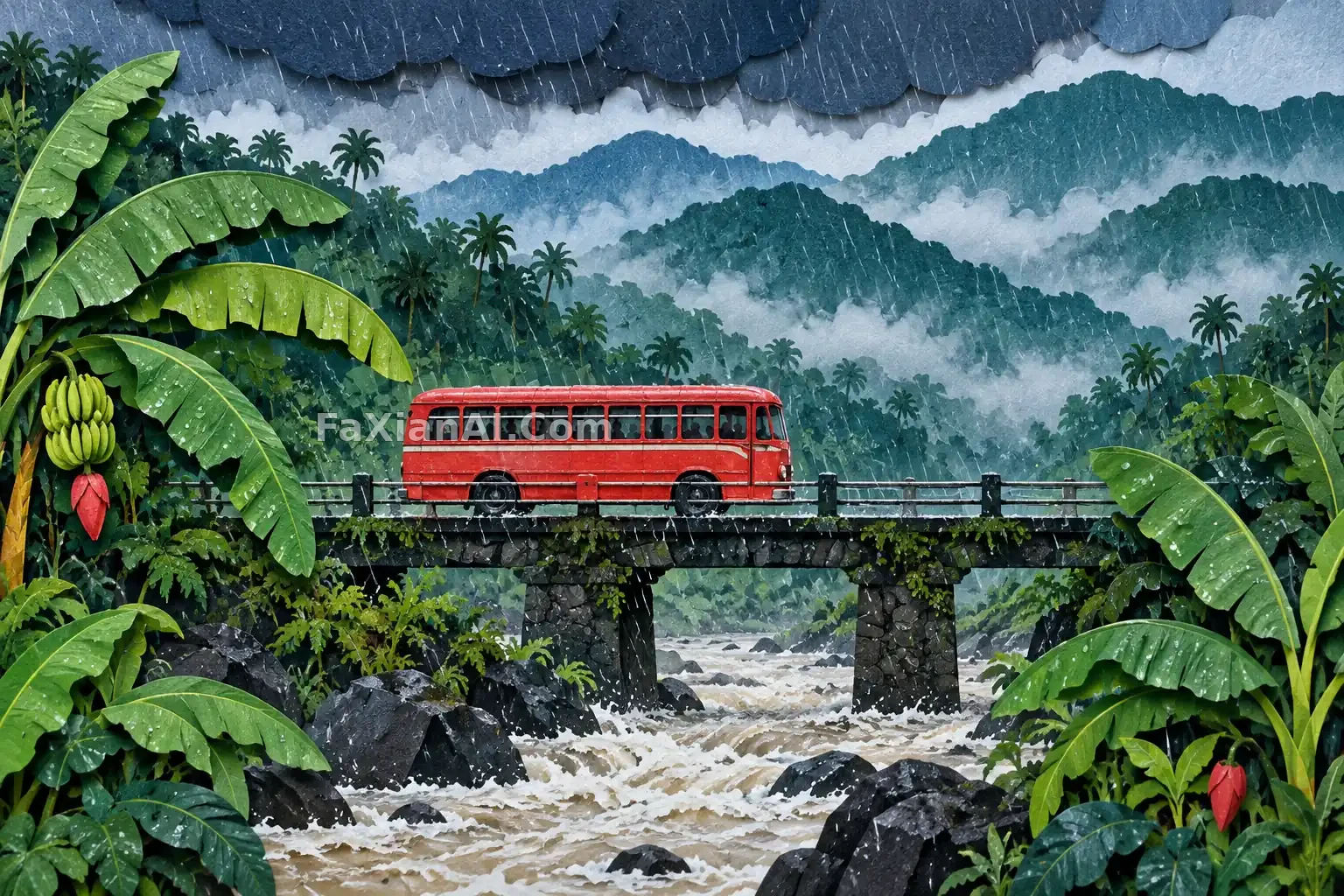 季风雨中的剪纸巴士