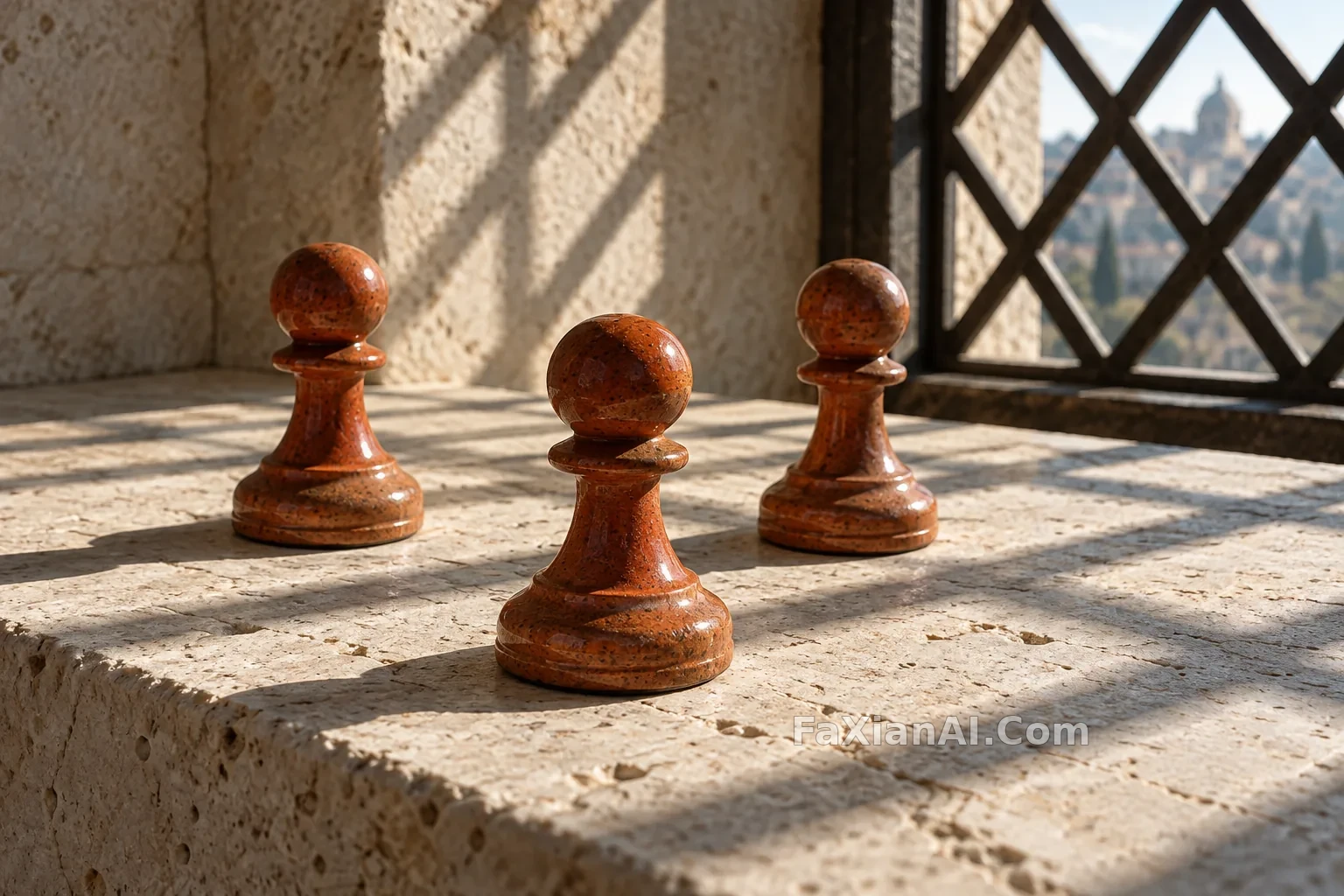 锈色棋子的窗格影子 · GPT Image 2.5 成图