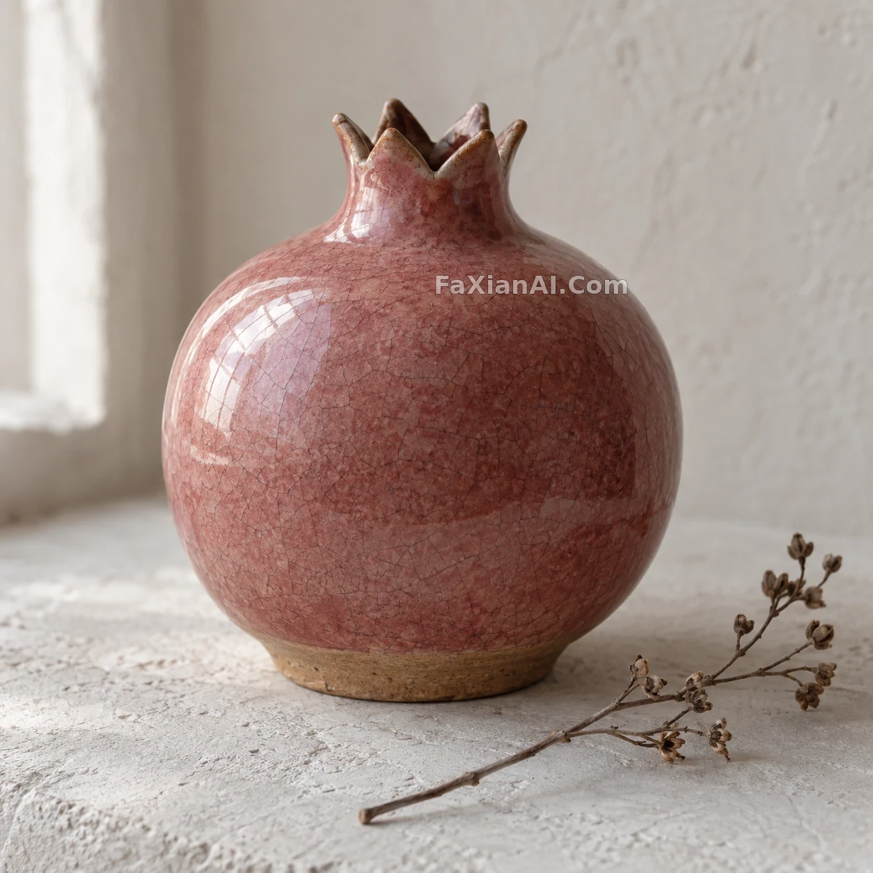 石榴形の陶瓶、薔薇色の釉に細かな貫入