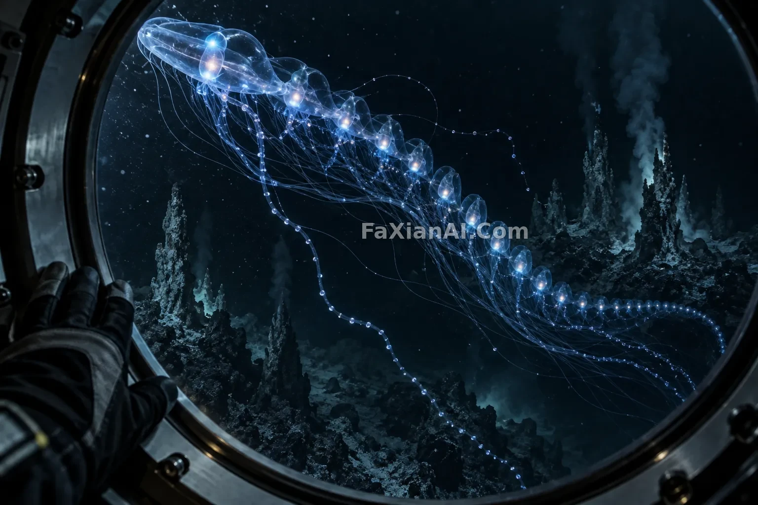 潜航器窗外，发光管水母掠过海底烟囱 · GPT Image 2.5 成图