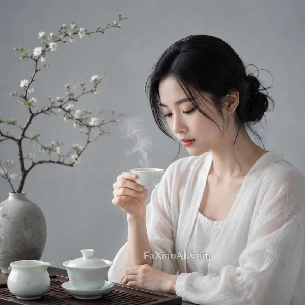 백차의 김이 표정을 살짝 가려주다