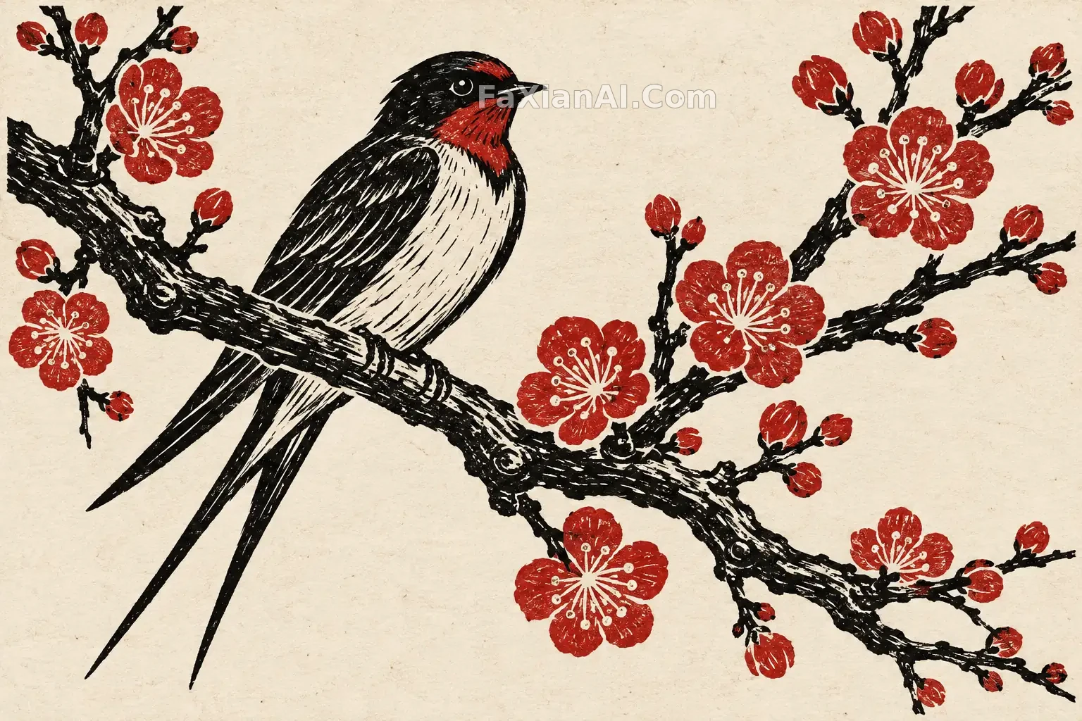 梅枝与小燕的木刻节奏 · GPT Image 2.5 成图