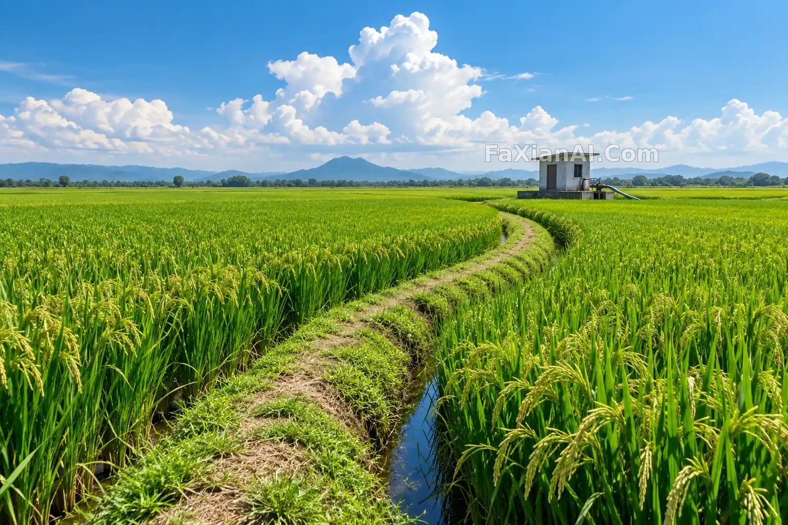 夏日稻田里的窄路