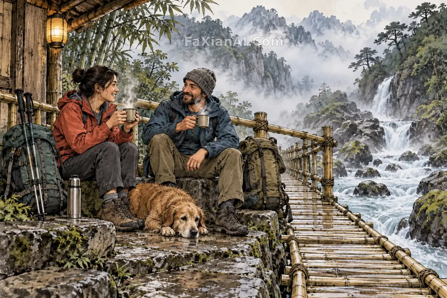 竹桥上分享热茶的旅人 · GPT Image 2.5 成图