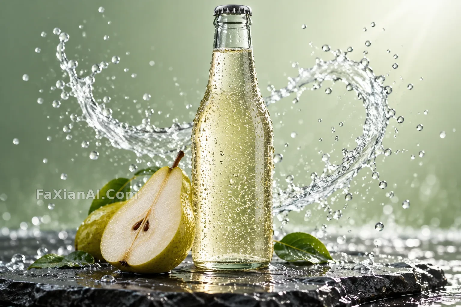 Pear Soda and a Splash Paused Just Behind the Bottle