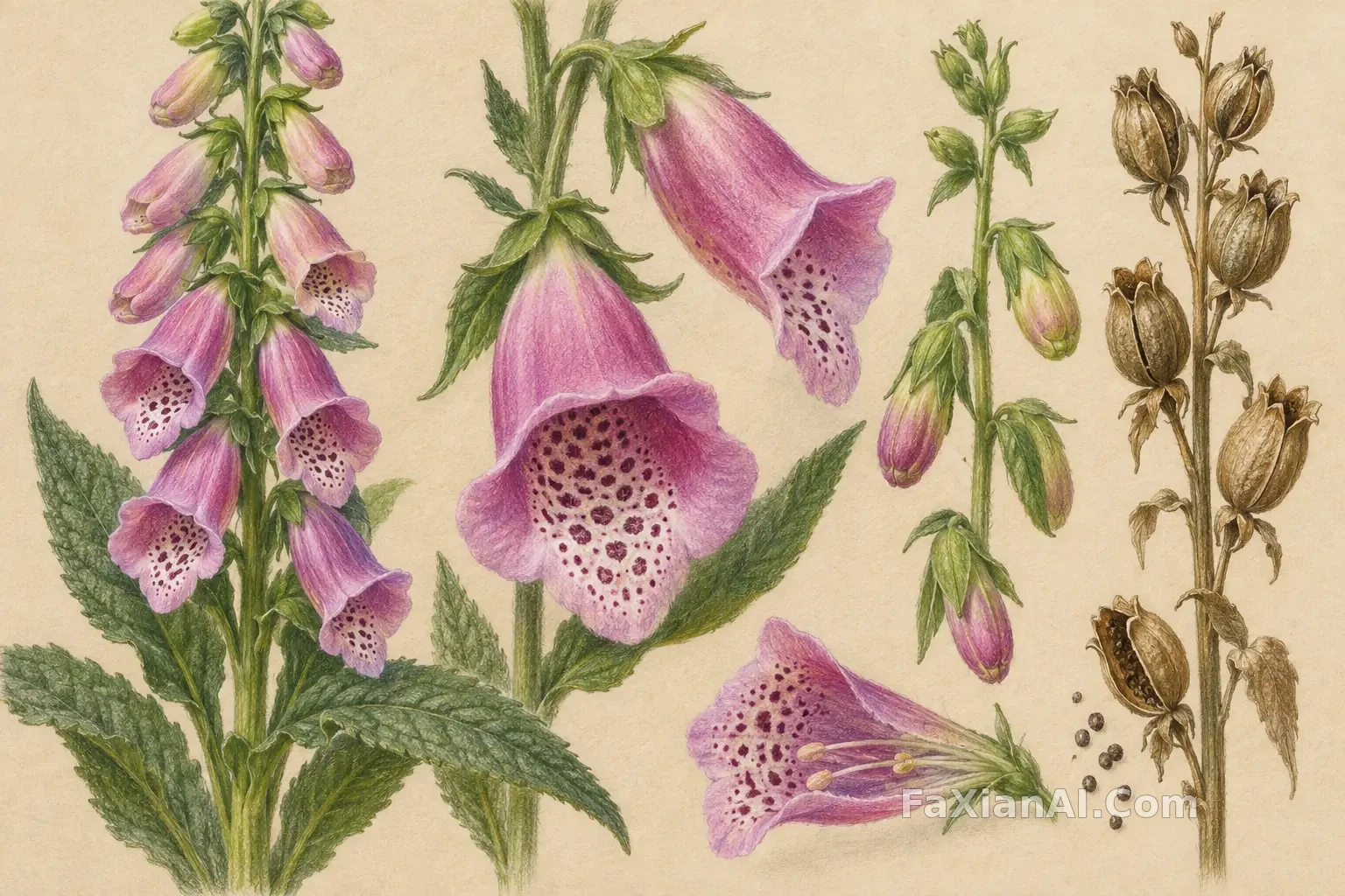 毛地黄的植物观察插画 · GPT Image 2.5 成图