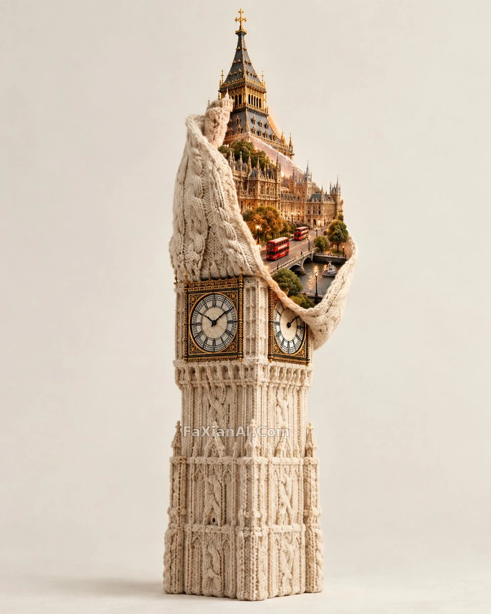 A Miniature City Growing Out of Giant Knitwork