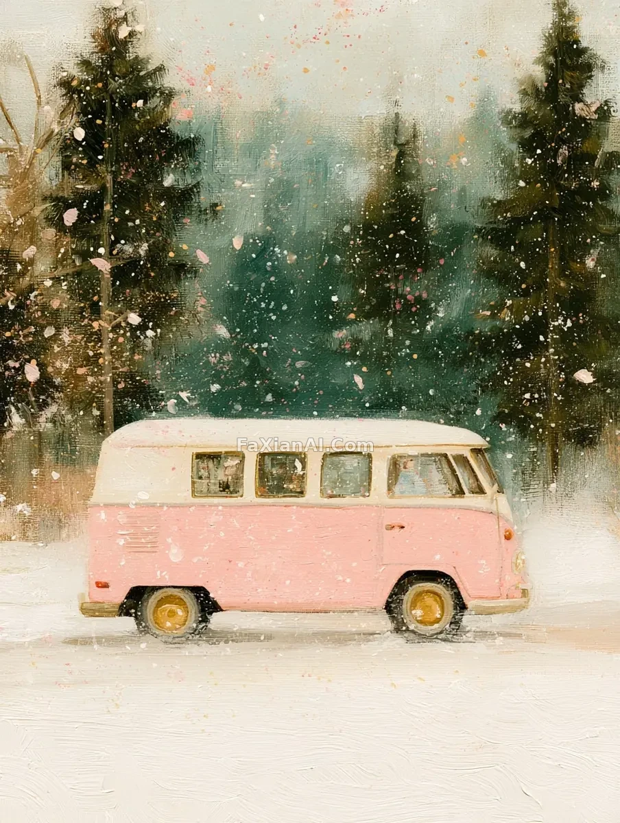 雪径上的复古彩绘露营车