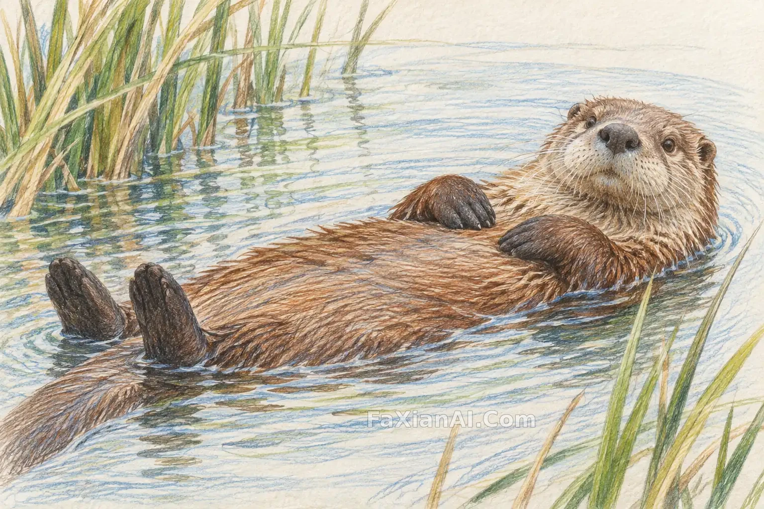 An Otter Floating Among Pencil Reeds