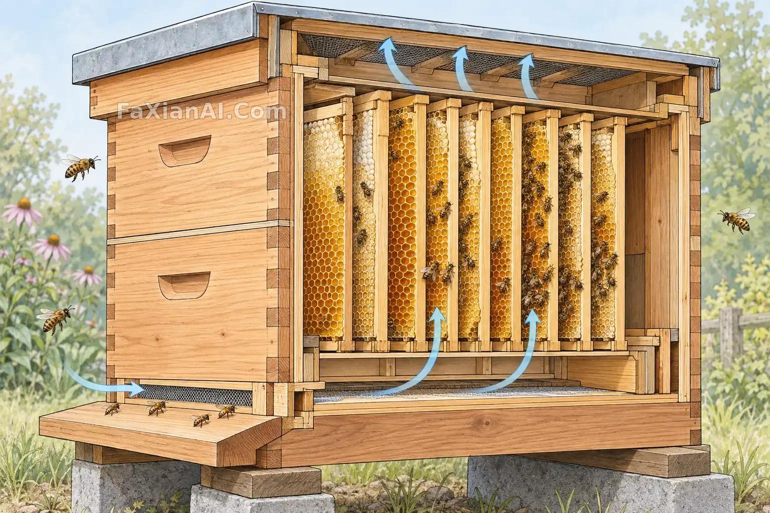 雪松蜂箱的结构剖面 · GPT Image 2.5 成图
