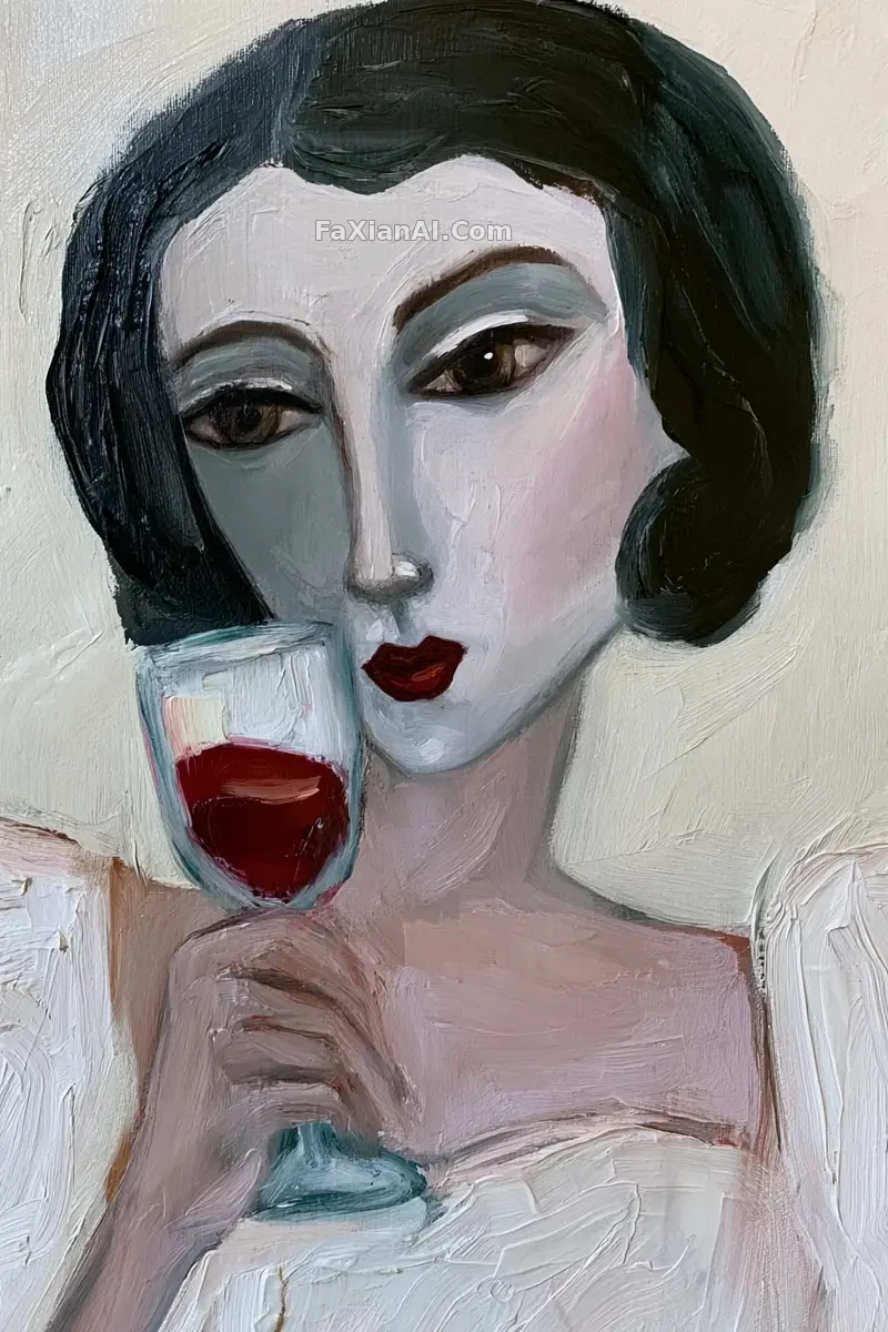 执杯而坐的厚涂油画女子