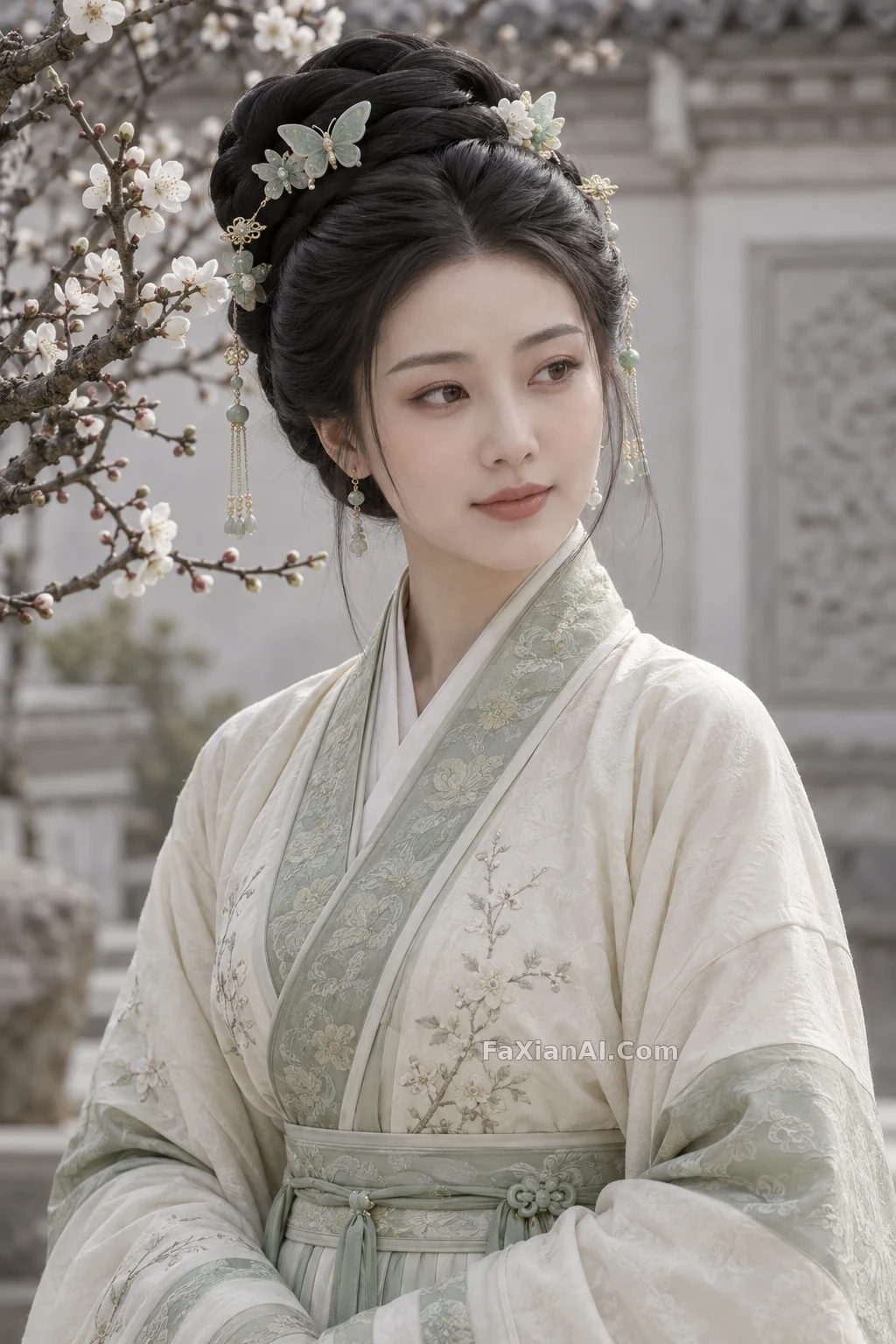 옥나비 보요와 매화 가지 사이의 곁눈질